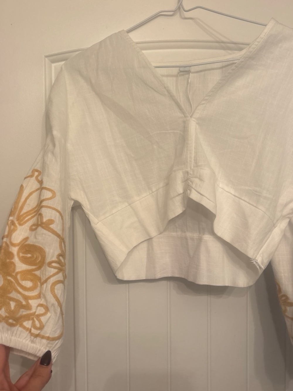 White Crop Peasant Top with Gold Embroidered Sleeves set with skirt included
